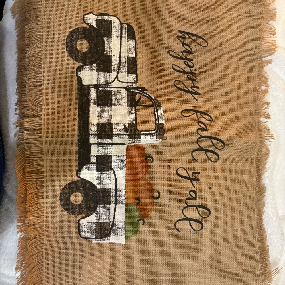 Rustic Tan Table Runner with Plaid Truck Design